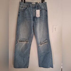 Women's Nwt Zara Light Blue Ripped High Rise Wide Leg Jeans Size 10